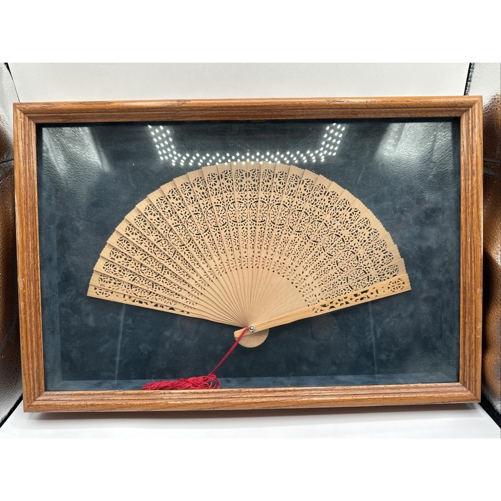 Vintage Japanese Cut Out Wooden Fan In Shadow Box Frame 18x12"